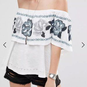 Free People To The Left Embroidered White Blue Off The Shoulder Top Size XS